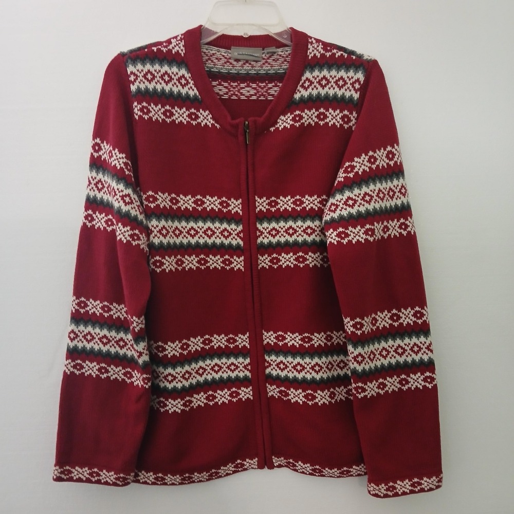 Croft And Barrow Vintage Fair Isle Full Zip‎ Cardigan Sweater XL Burgundy Ivory